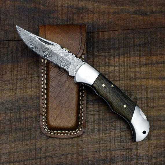 Custom Handmade Damascus Steel Folding Pocket Knife with Rosewood and Steel Bolsters Handle and Leather Case