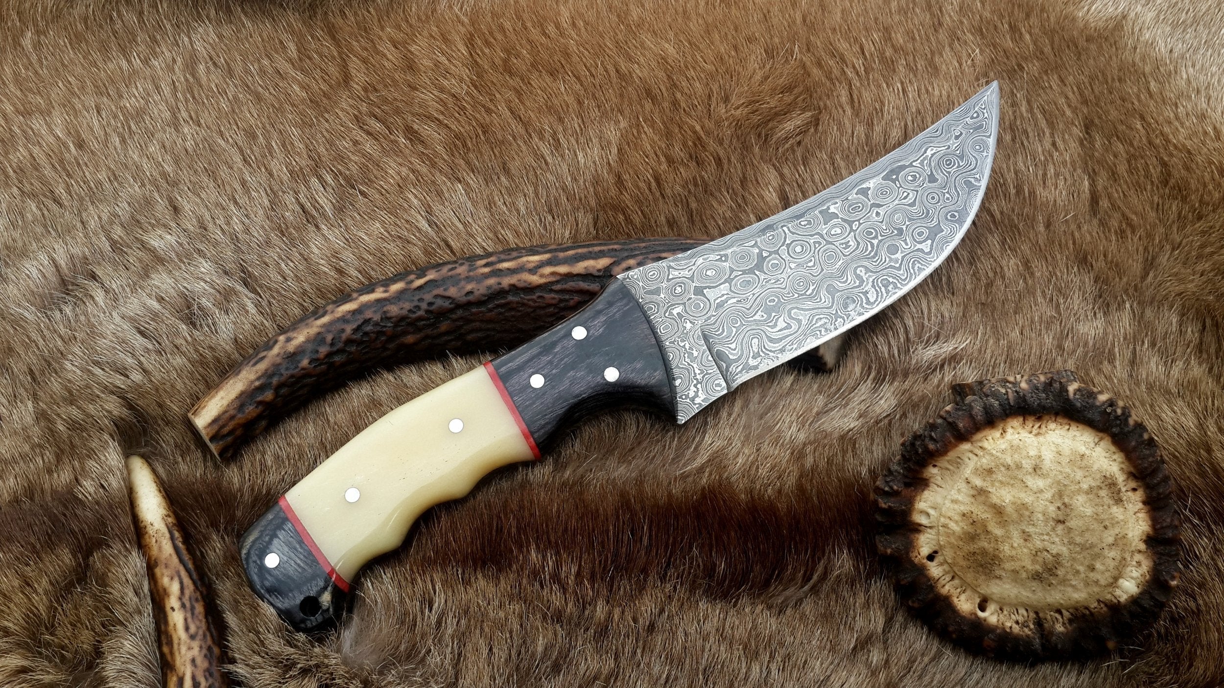 The Master Hunter: Custom Handmade Damascus Steel Fixed-Blade Hunting Knife | Camel Bone & Exotic Wood | 10 Inches | KBS Knives
