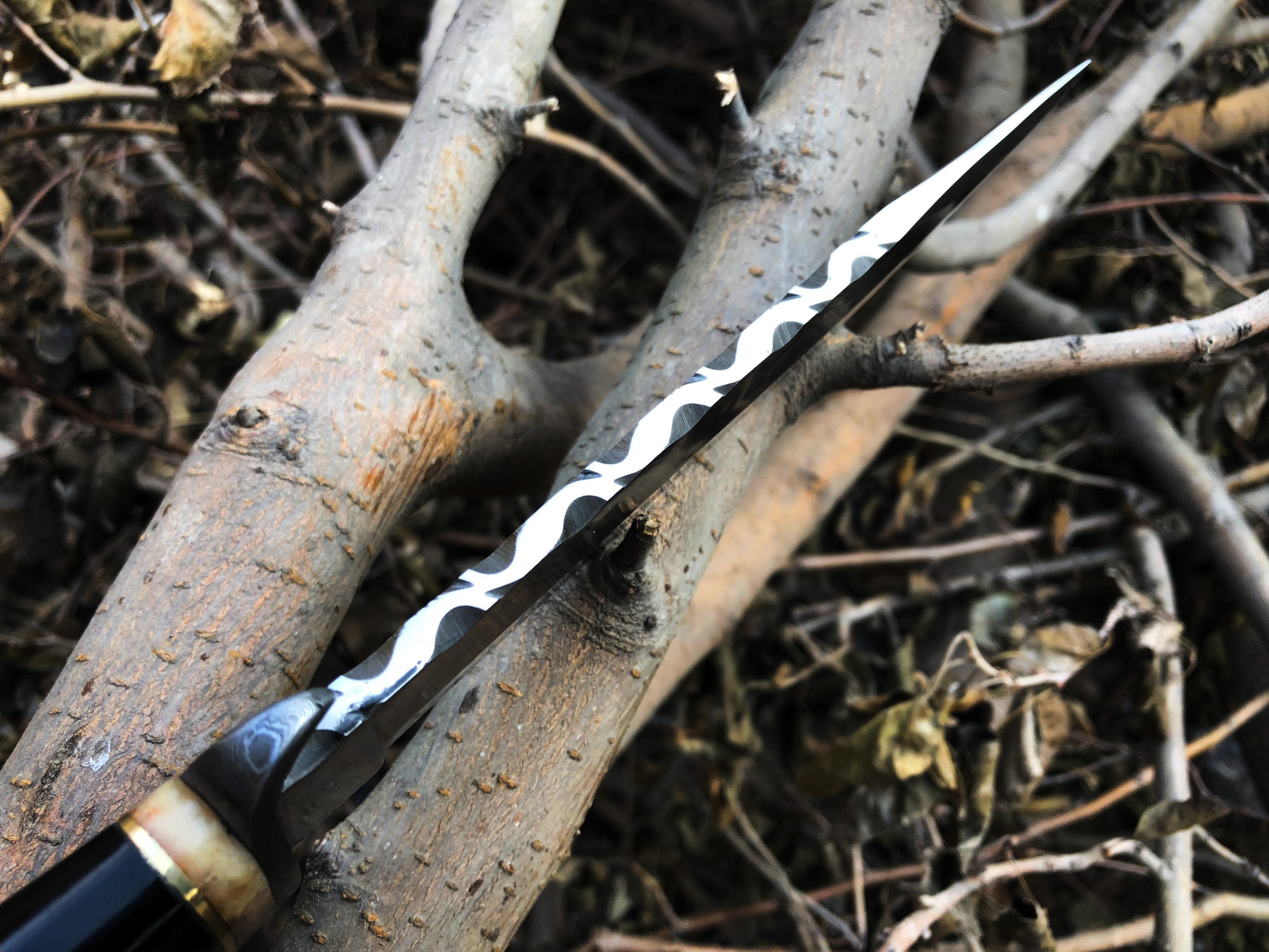 Top Quality Hunting Bowie Knife | D2 Steel Blade | Bone, Buffalo, Wood Handle with Damascus Guard | 13 Inches | Leather Sheath | KBS Knives Store