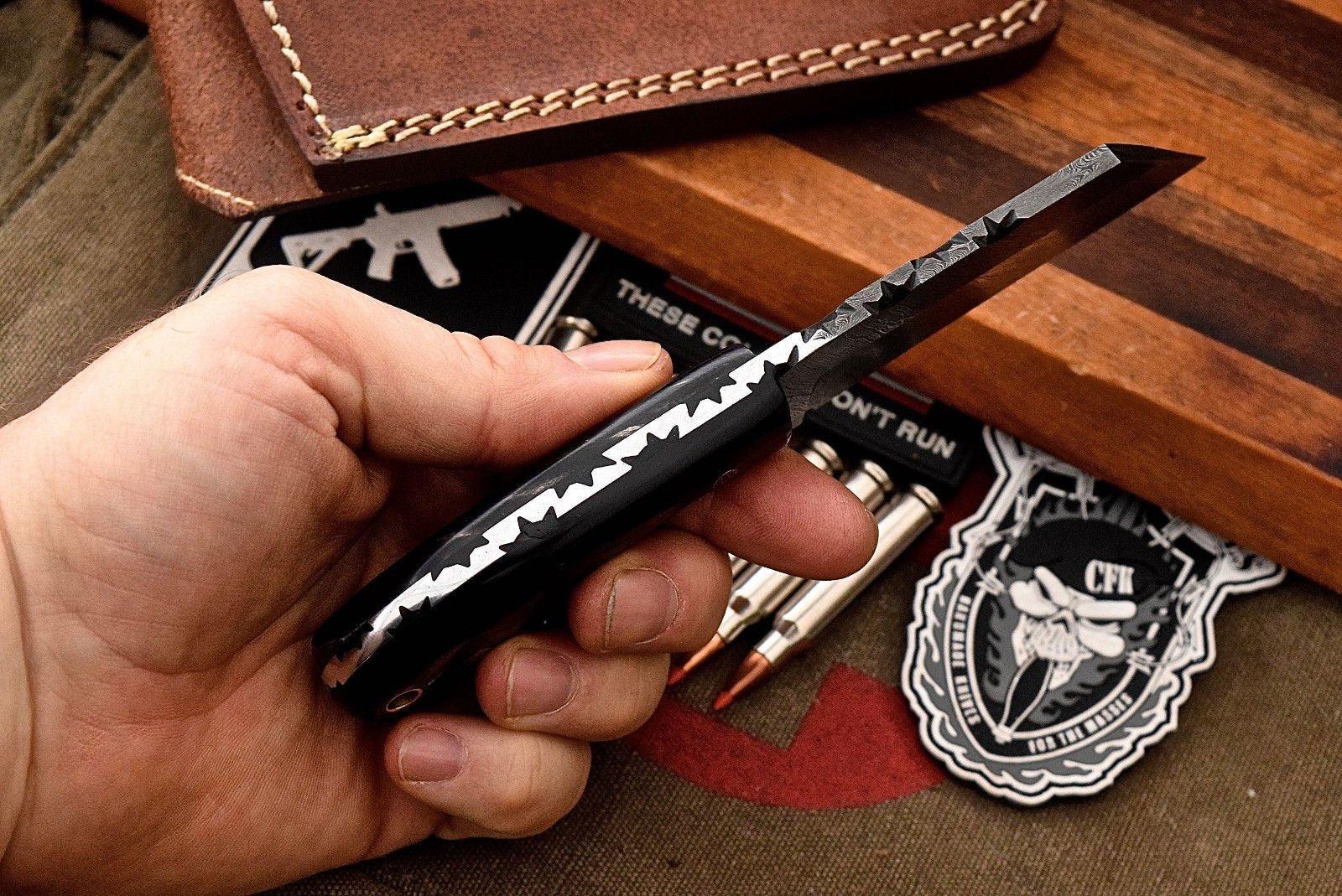 Custom Handmade Damascus Buffalo Horn Sheepsfoot Razor Hunting EDC Knife