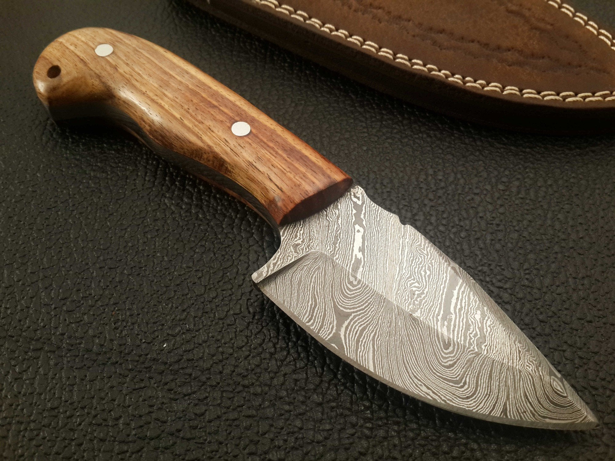 Custom Handmade Damascus Skinning Knife with Olive Wood Handle