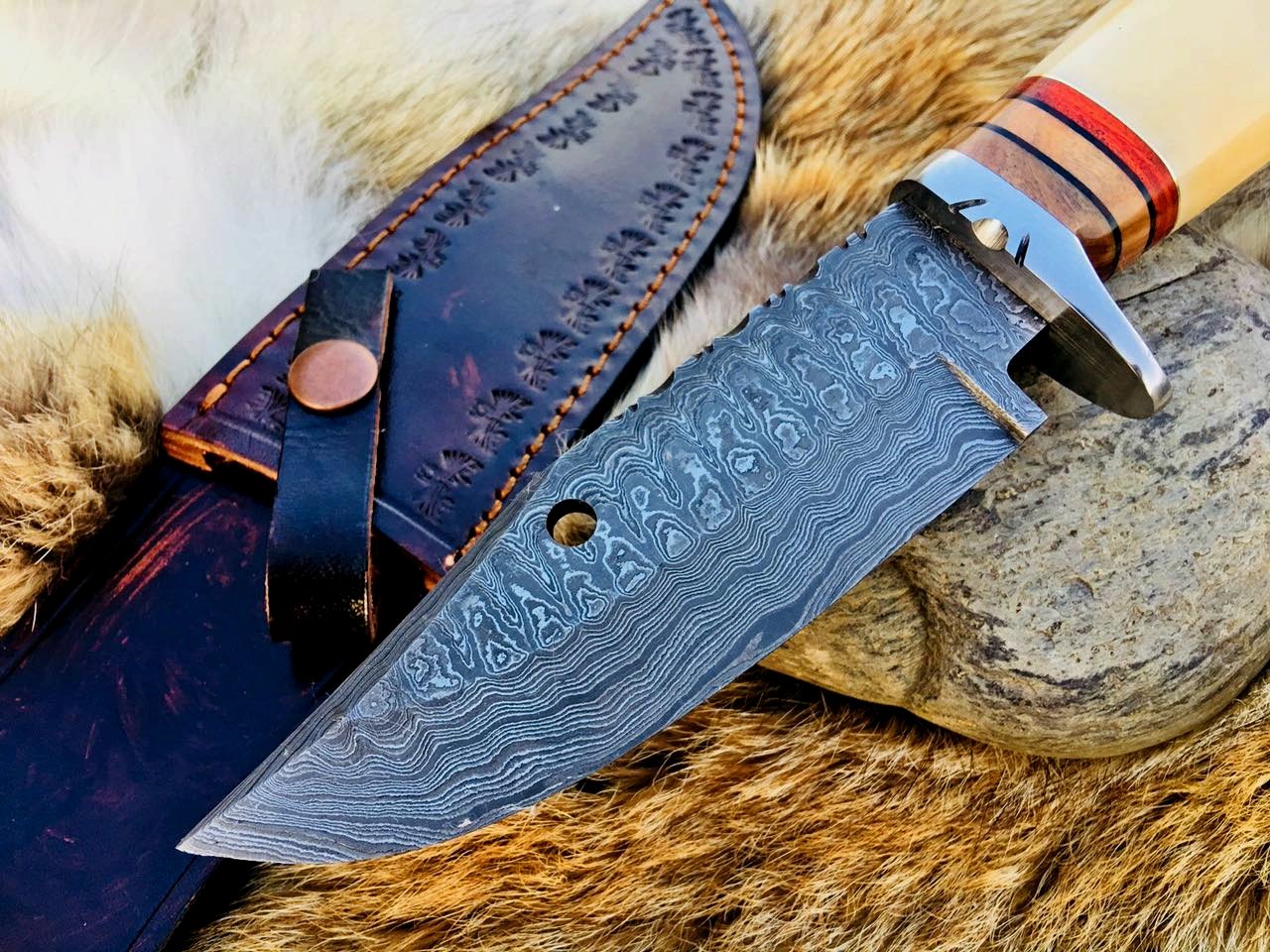 Custom Handmade Big Hunting Knife with Damascus Steel Blade