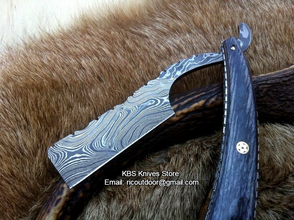 Luxury Antique Razor with Damascus Steel Blade and Exotic Pakka Wood, Brass Liner Handle - Includes Leather Case - Available Exclusively at KBS Knives Store
