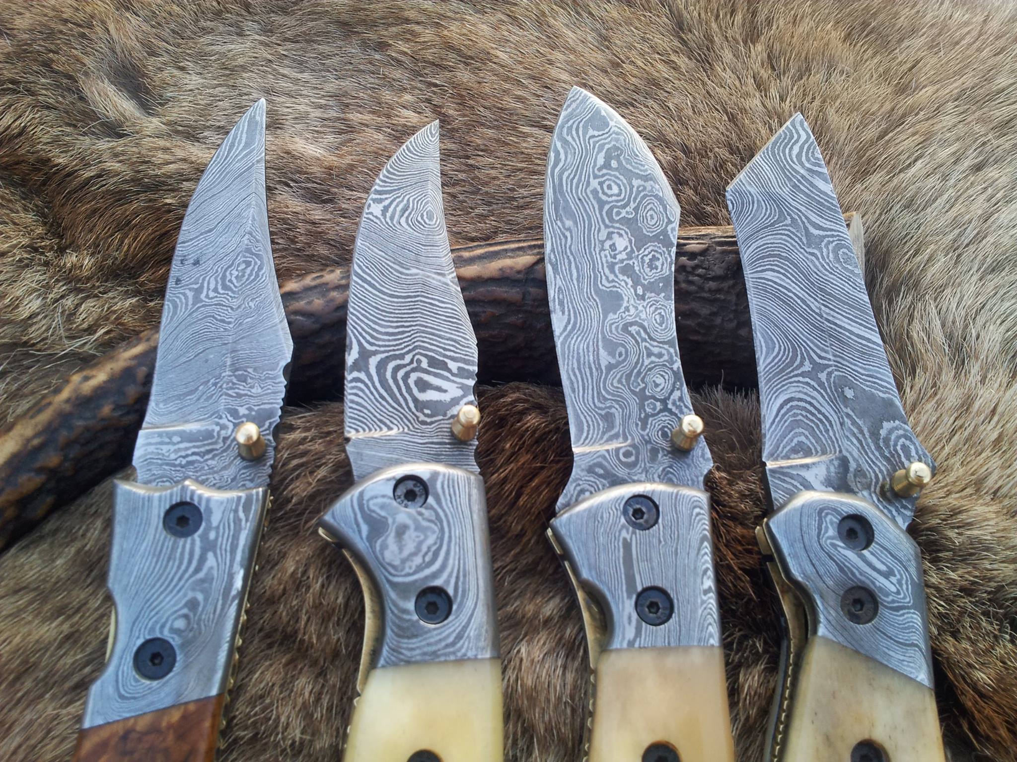 Everyday Carry Deal of 3 Damascus Steel Folding Pocket Knives with Bone and Burl Olivewood Handles – The Trio Edge