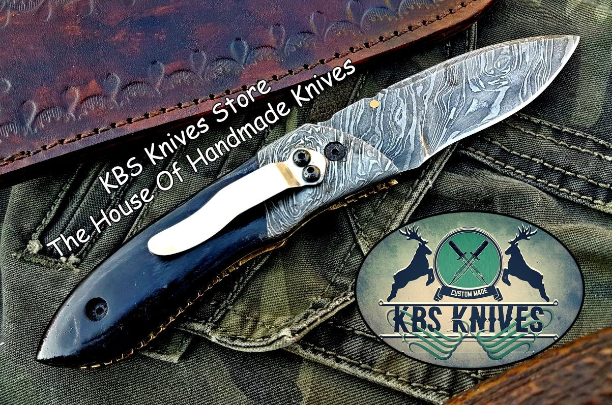 Custom Handmade Damascus Steel Folding Knife With Pocket Clip