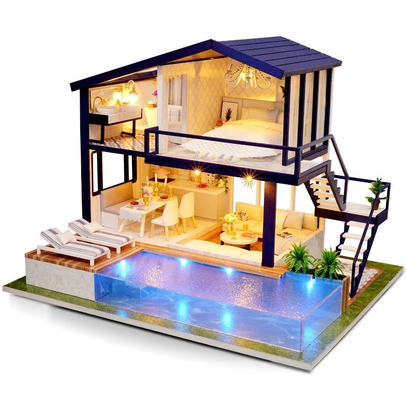 DIY Wooden Dollhouse Kit – 3D Miniature House with Furniture & LED Lights