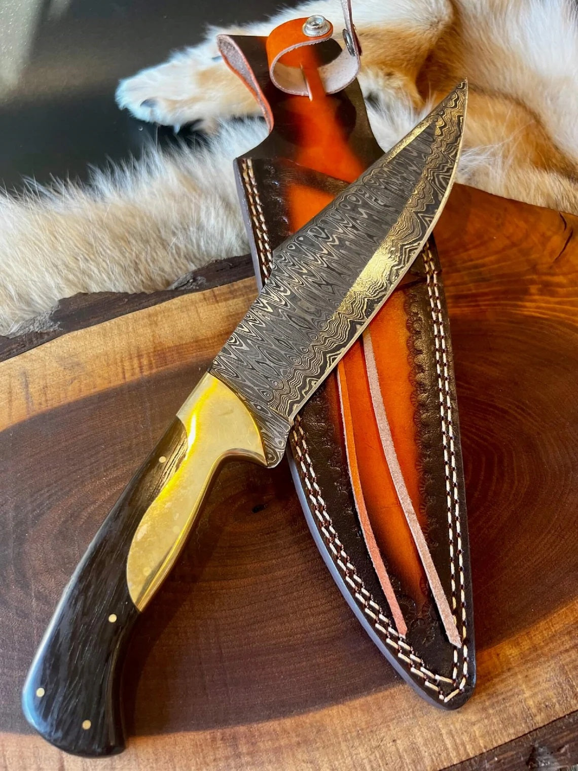 Custom Handmade Damascus Steel Bowie Knife with Wenge Wood and Brass Bolster Handle