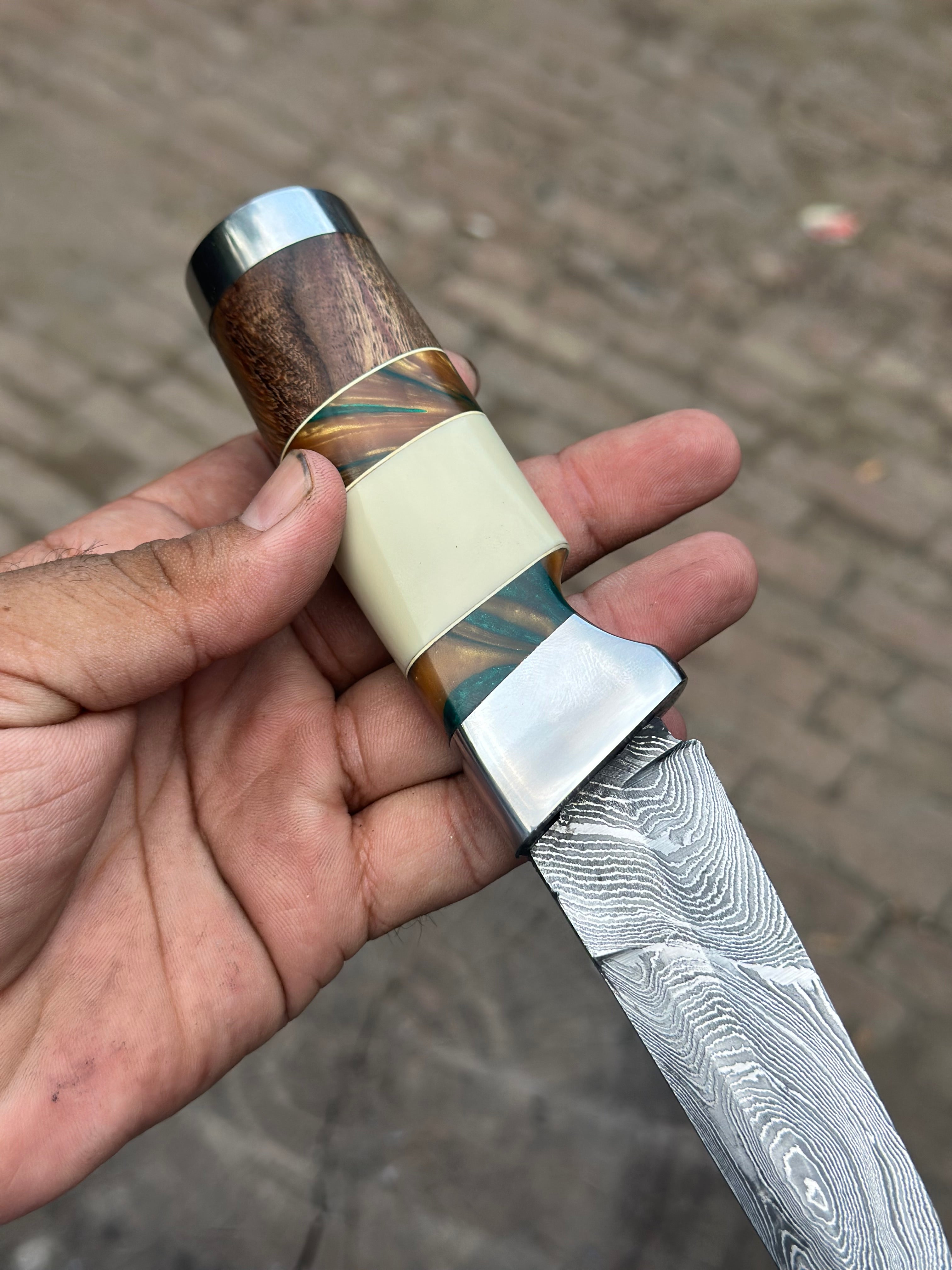 Hunting Knife 4.5” Damascus Steel Straight Back Blade Hybrid Wood Resin Handle Viking-Inspired