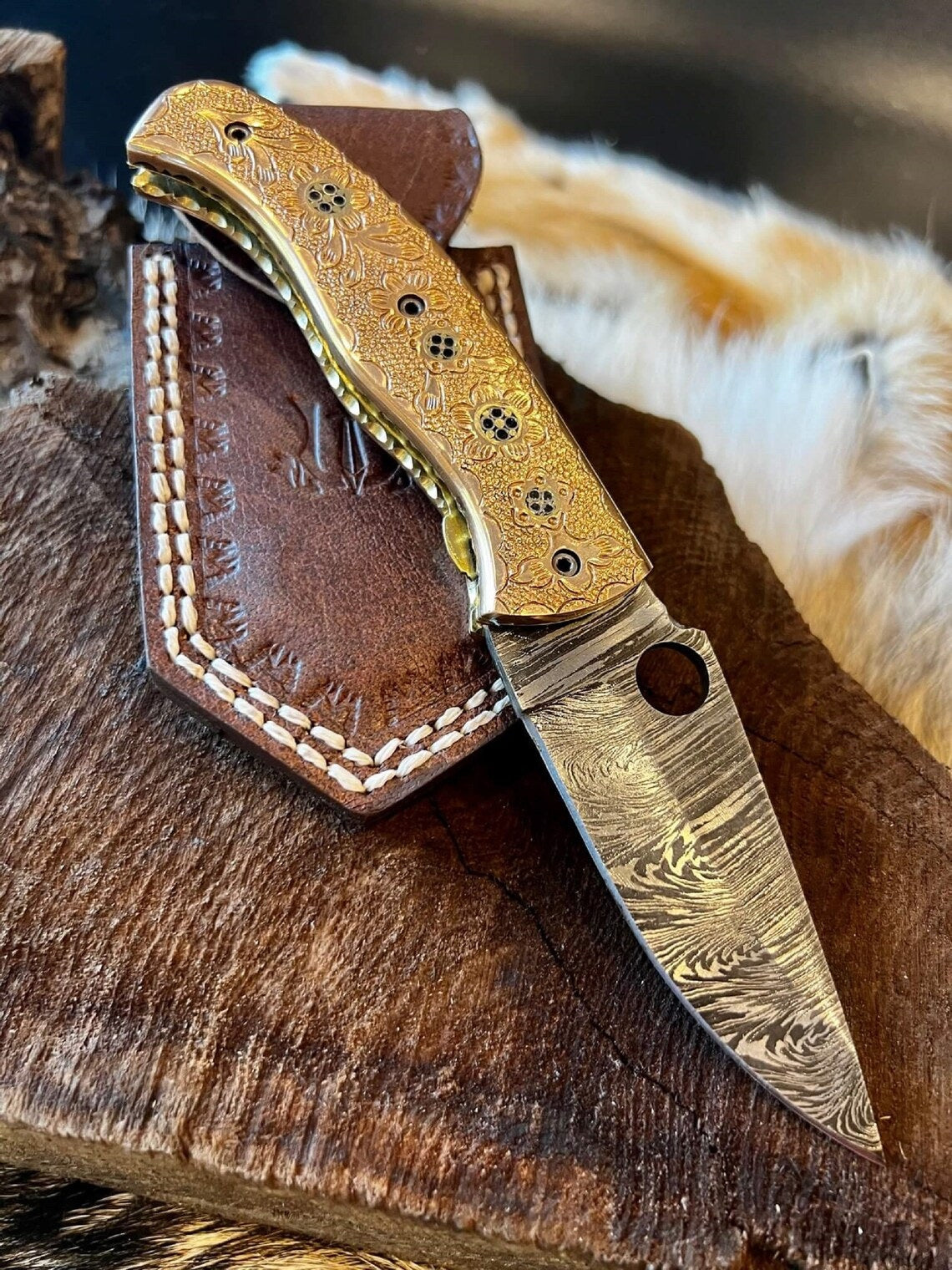 Custom Handmade Damascus Steel Folding Pocket Knife with Hand Engraved Brass Handle