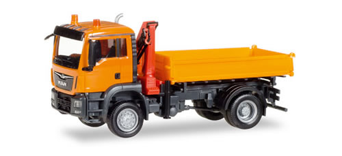 Herpa 308267 HO Scale MAN TGS M 3-Way Dump Truck with Hoist - Assembled -- Yellow, Black
