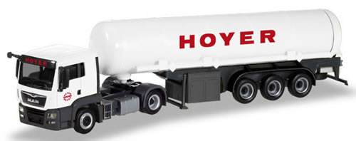 Herpa 308618 HO Scale MAN TGS L Tractor with Gas Trailer - Assembled -- Hoyer (white, yellow, red, German Lettering)