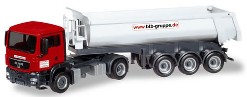 Herpa 308847 HO Scale MAN TGS Tractor with Dump Trailer - Assembled -- BTB Berlin (red, white, black, German Lettering)
