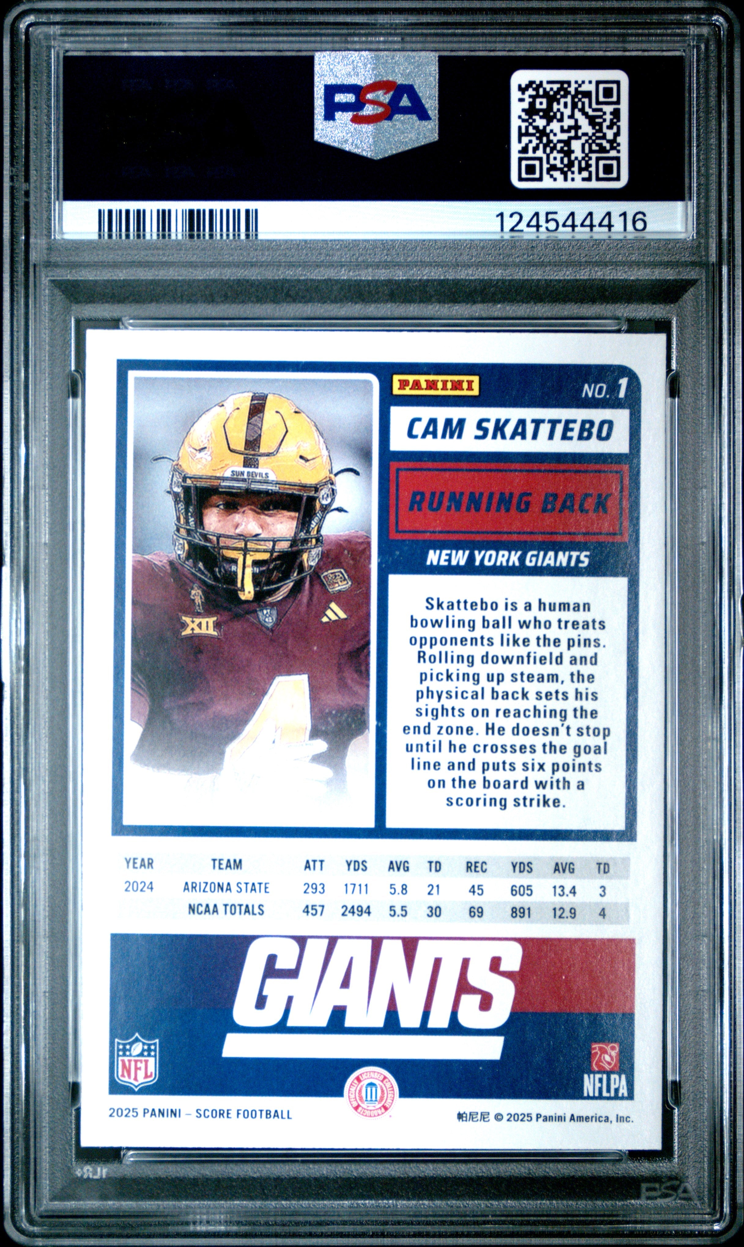 Graded 2025 Panini Score Cam Skattebo #1 Rookie RC Football Card PSA 1