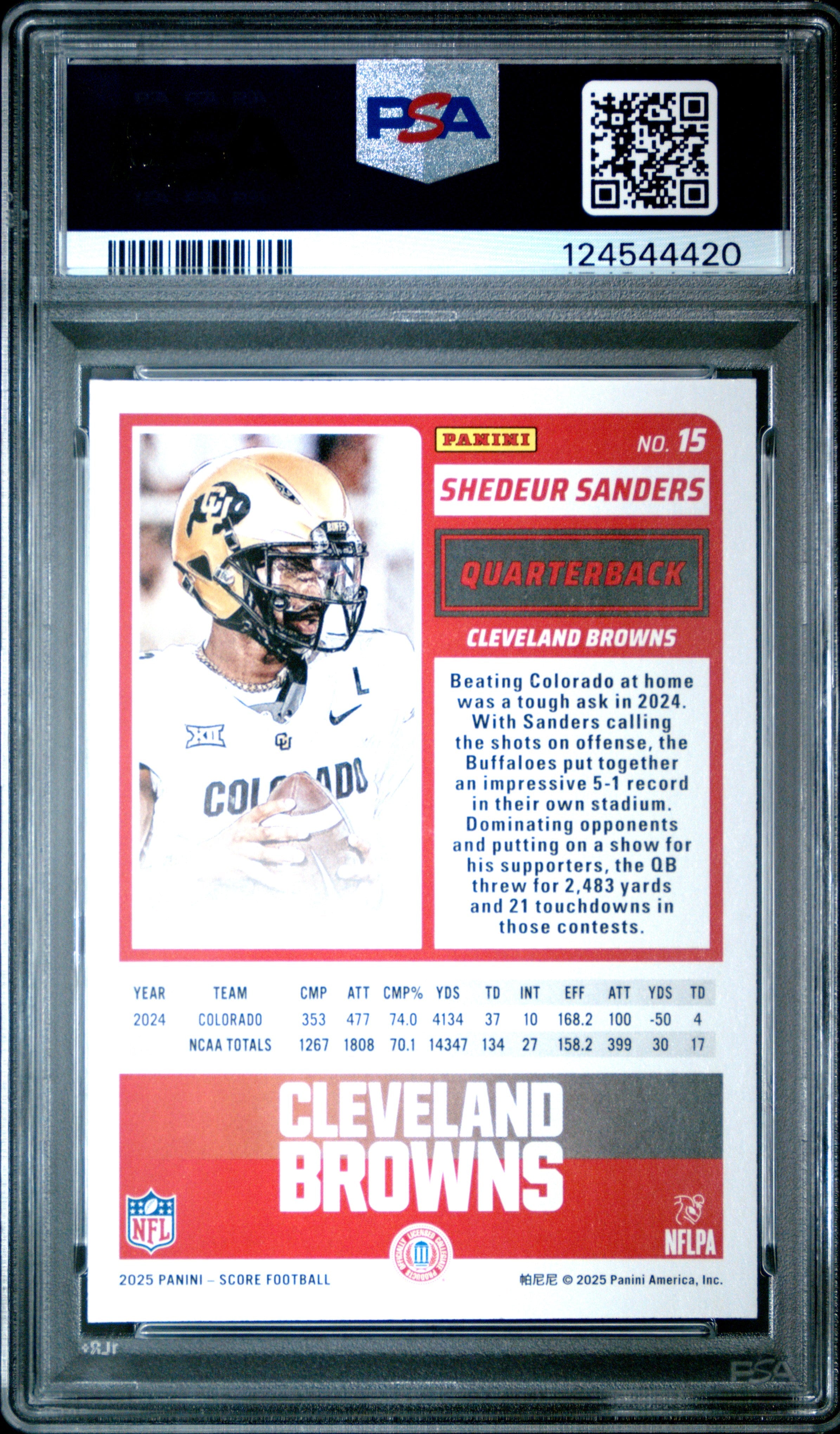 Graded 2025 Panini Score Shedeur Sanders #15 Rookie RC Football Card P Graded 2025 Panini Score Shedeur Sanders #15 Rookie RC Football Card P