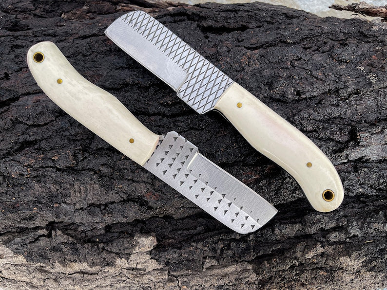 Bull Cutter Knife For Sale, 8.25-Inch Knife with Rasp Tool Steel Full Tang Blade, Bone Handle, and Leather Sheath