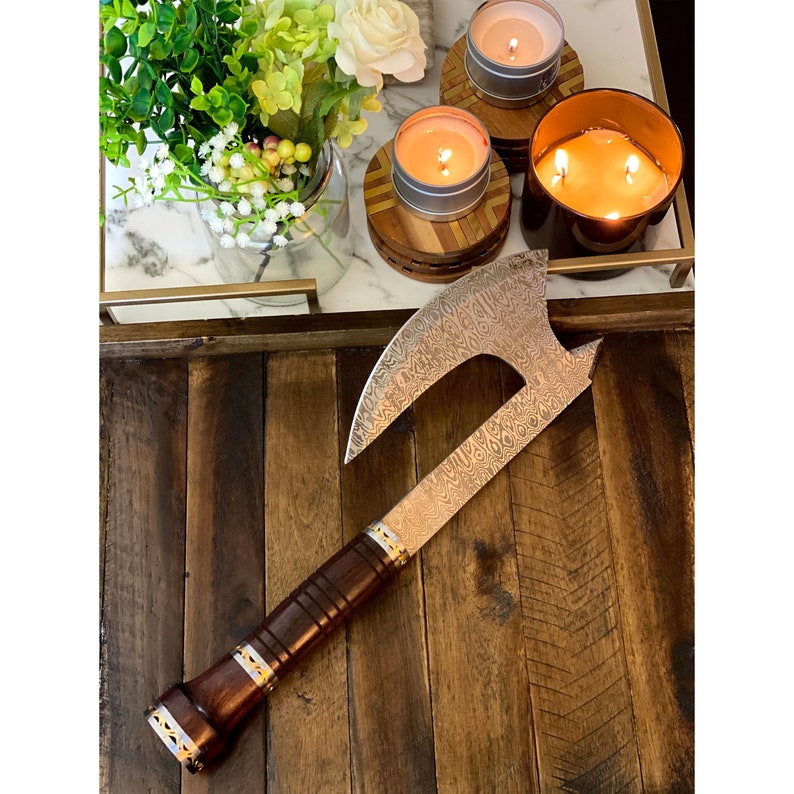 The Wilderness Companion: Damascus Steel Blade Axe with Rosewood Handle, Brass and Steel Spacers, and Leather Sheath