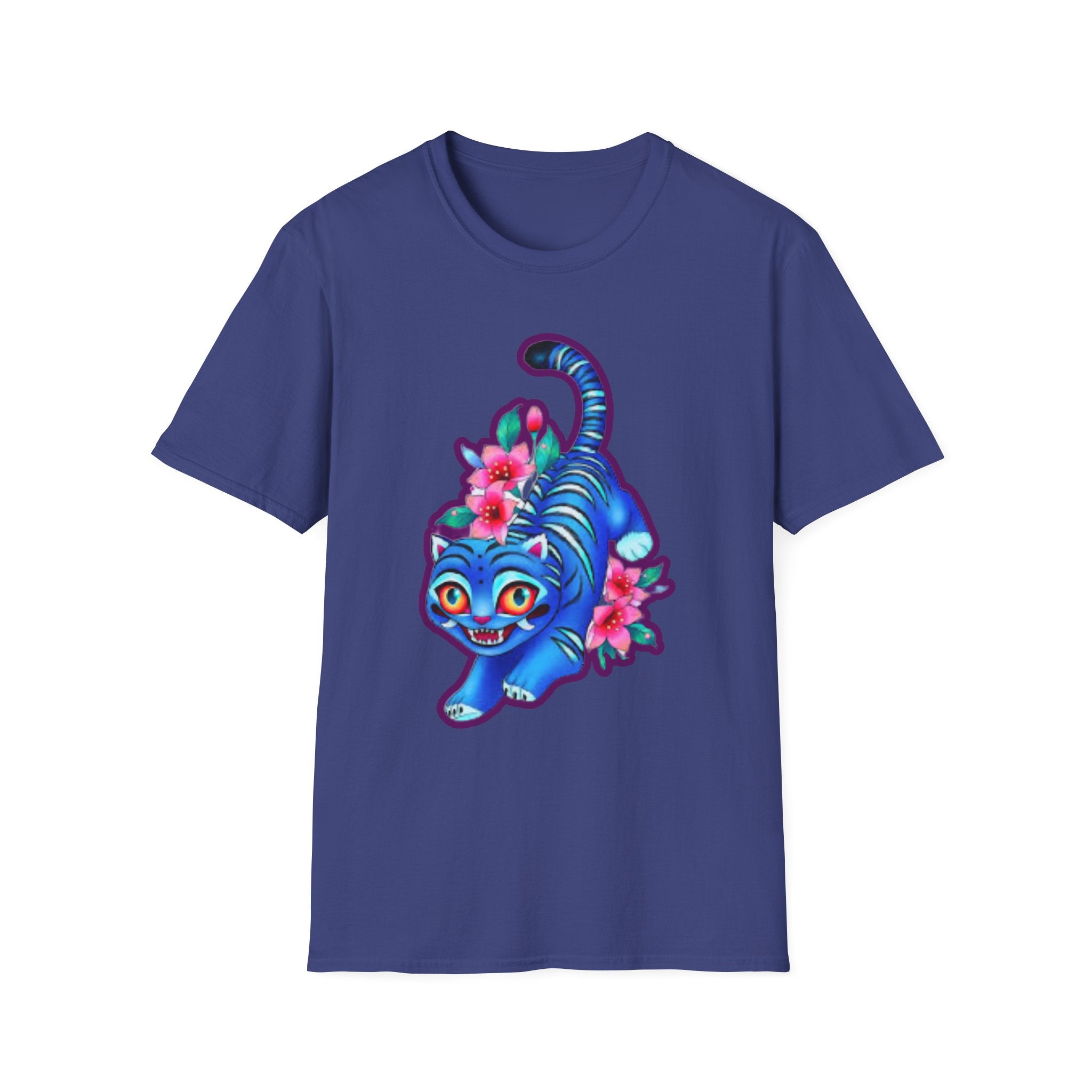 Charming Blue Floral Cat  idol tigerT-Shirt, Cute Cat Tee, Animal Lover Gift, Summer Fashion, Gift for Cat Lovers, Fun Graphic Tee