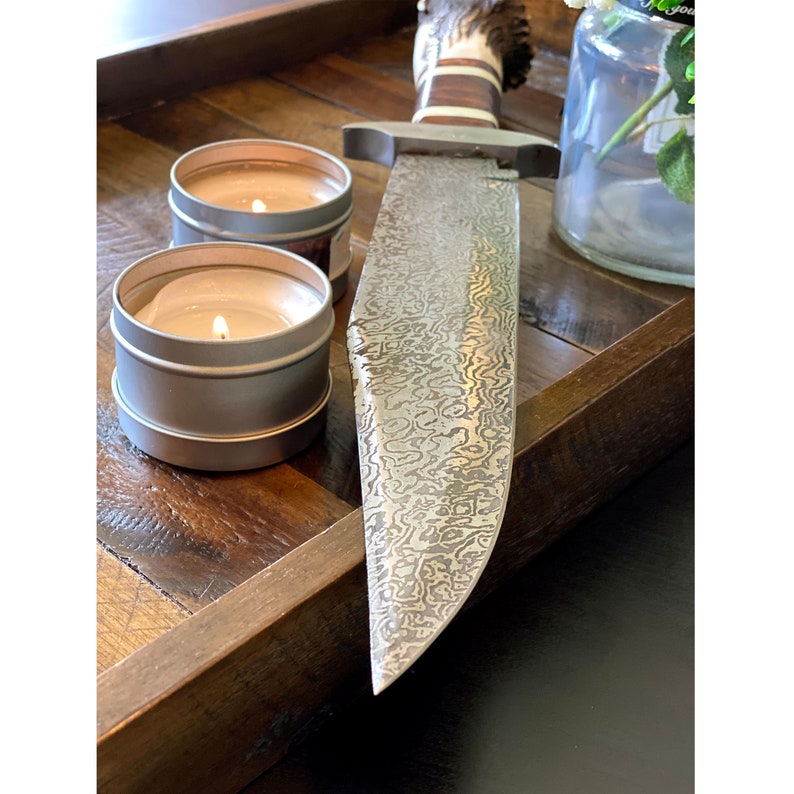 The Ultimate Big Bowie Knife for Sale - 15-Inch Damascus Steel Blade, Bone, Rosewood, Stag horn, Steel Guard Handle, Leather Sheath - KBS Knives Store