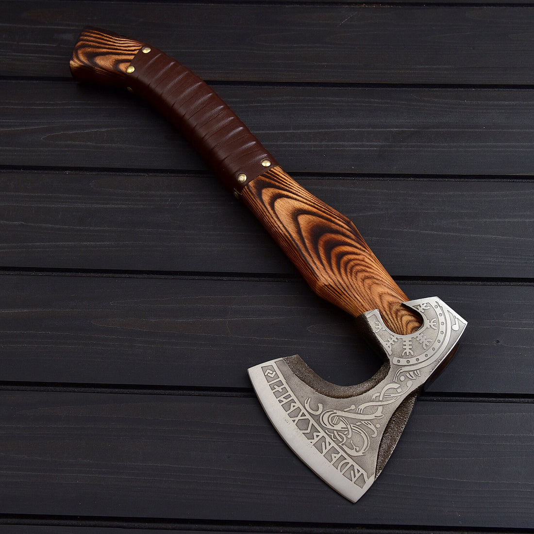 Viking Tomahawk for Sale - Engraved 1095 Forged Steel Blade, Ash Wood Handle with Leather Wrap, Leather Sheath - KBS Knives Store