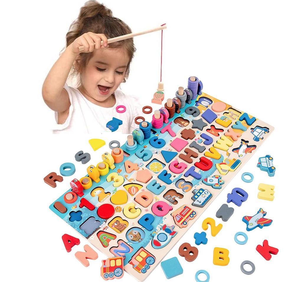 Montessori Wooden Fishing and Math Puzzle Board Toy