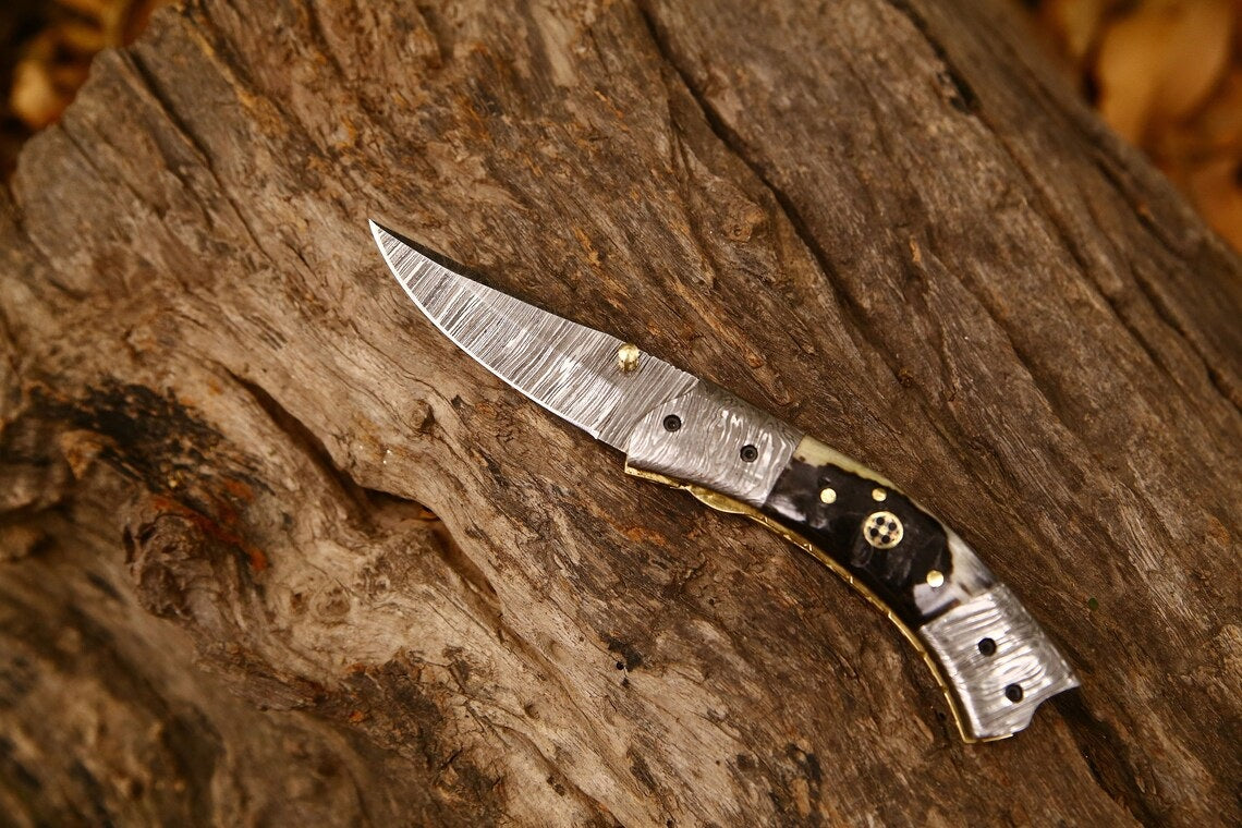 Best Custom Handmade Damascus Steel EDC Folding Pocket Knife | 3-Inch Blade, Sheep Horn Handle, Leather Case | Ideal Gift for Any Occasion by KBS Knives