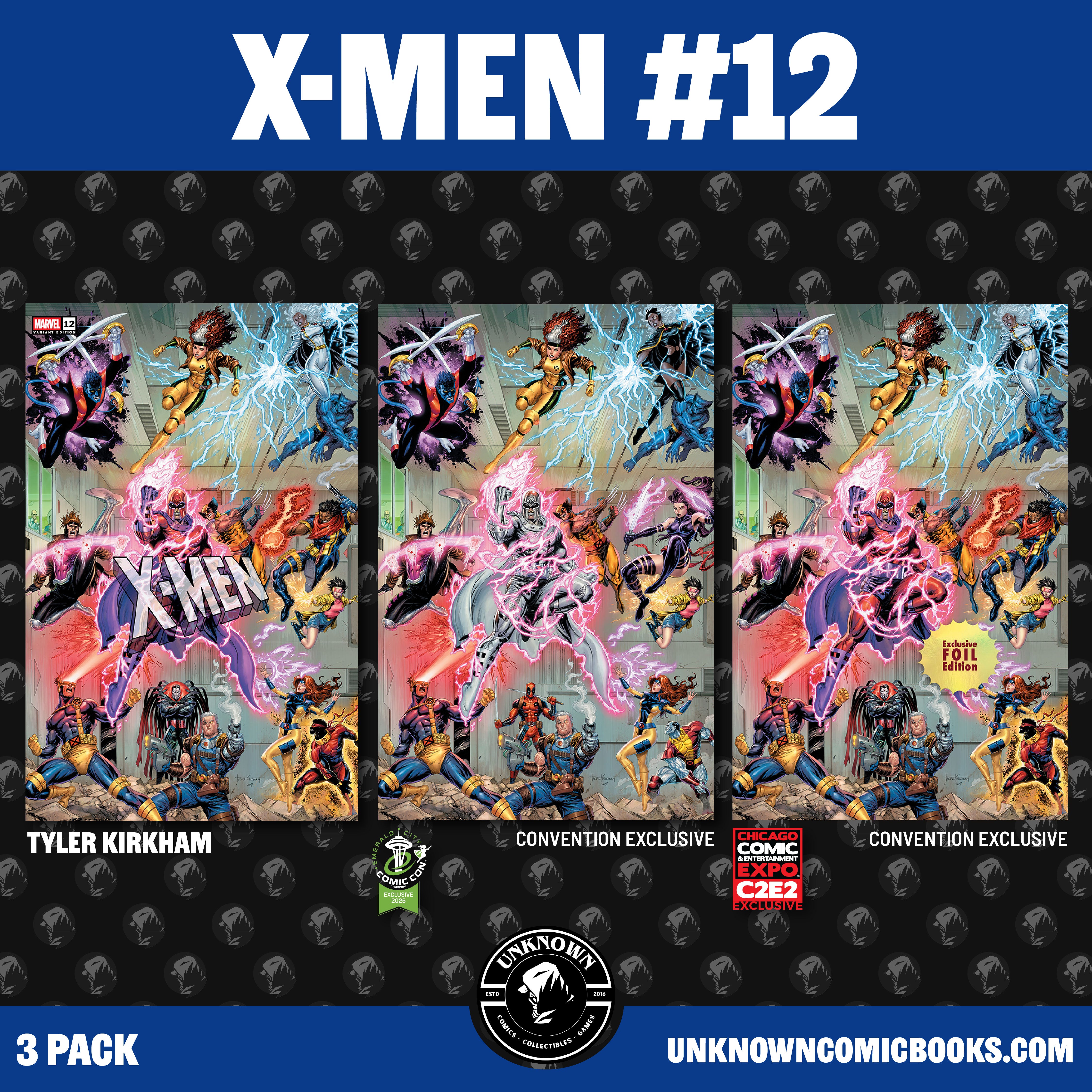 [3 PACK] X-Men #12 Unknown Comic Tyler Kirkham Exclusive Var (04/16/2025)