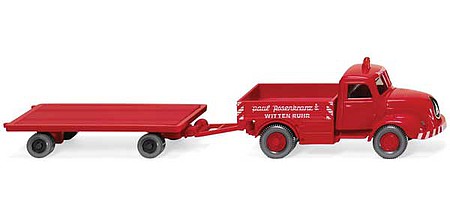 Wiking 49202 HO Scale 1956-1961 Magirus S 3500 Heavy-Duty Truck with Flatbed Trailer - Assembled -- Rosenkranz Rundhauber (red, white, German Lettering)