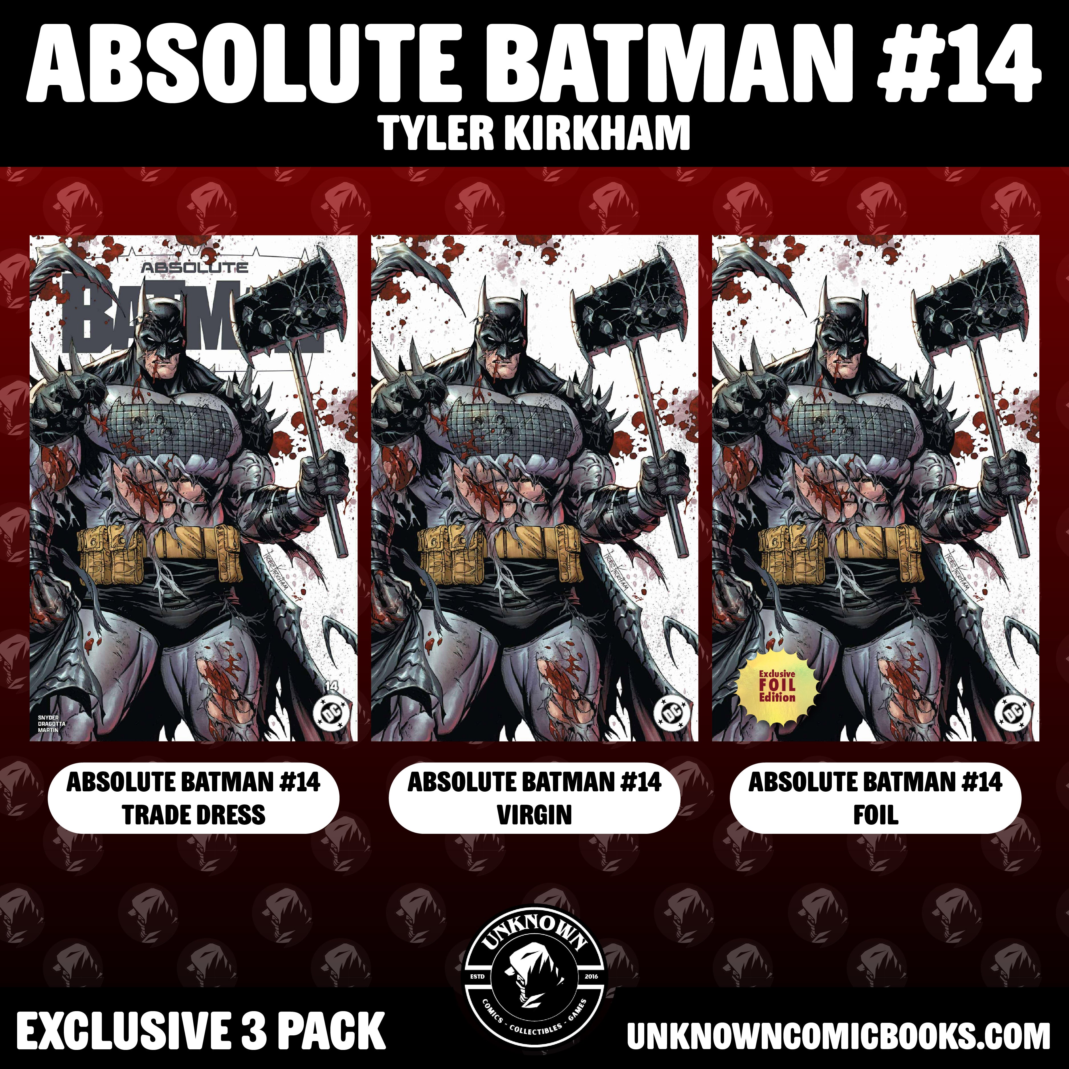 [3 PACK] ABSOLUTE BATMAN #14 TYLER KIRKHAM EXCLUSIVE BATLLE DAMAGED BATMAN VAR (11/2025)