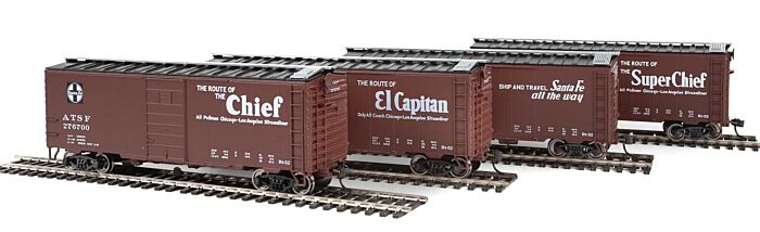 Walthers Mainline 910-51400 HO Scale 40' Pullman-Standard PS-1 Santa Fe Slogan Boxcar 4-Pack - Ready to Run -- Set #1 - #276629, #276566, #276700, #276502