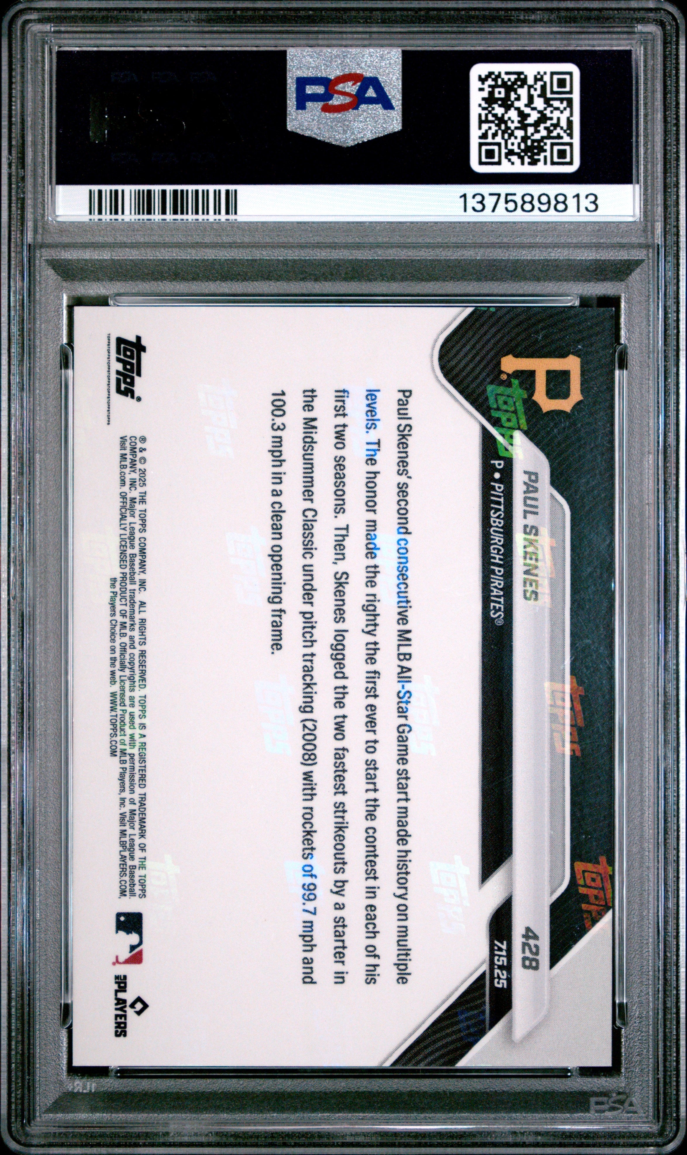 Graded 2025 Topps Now Paul Skenes #428 Baseball Card PSA 9 Mint