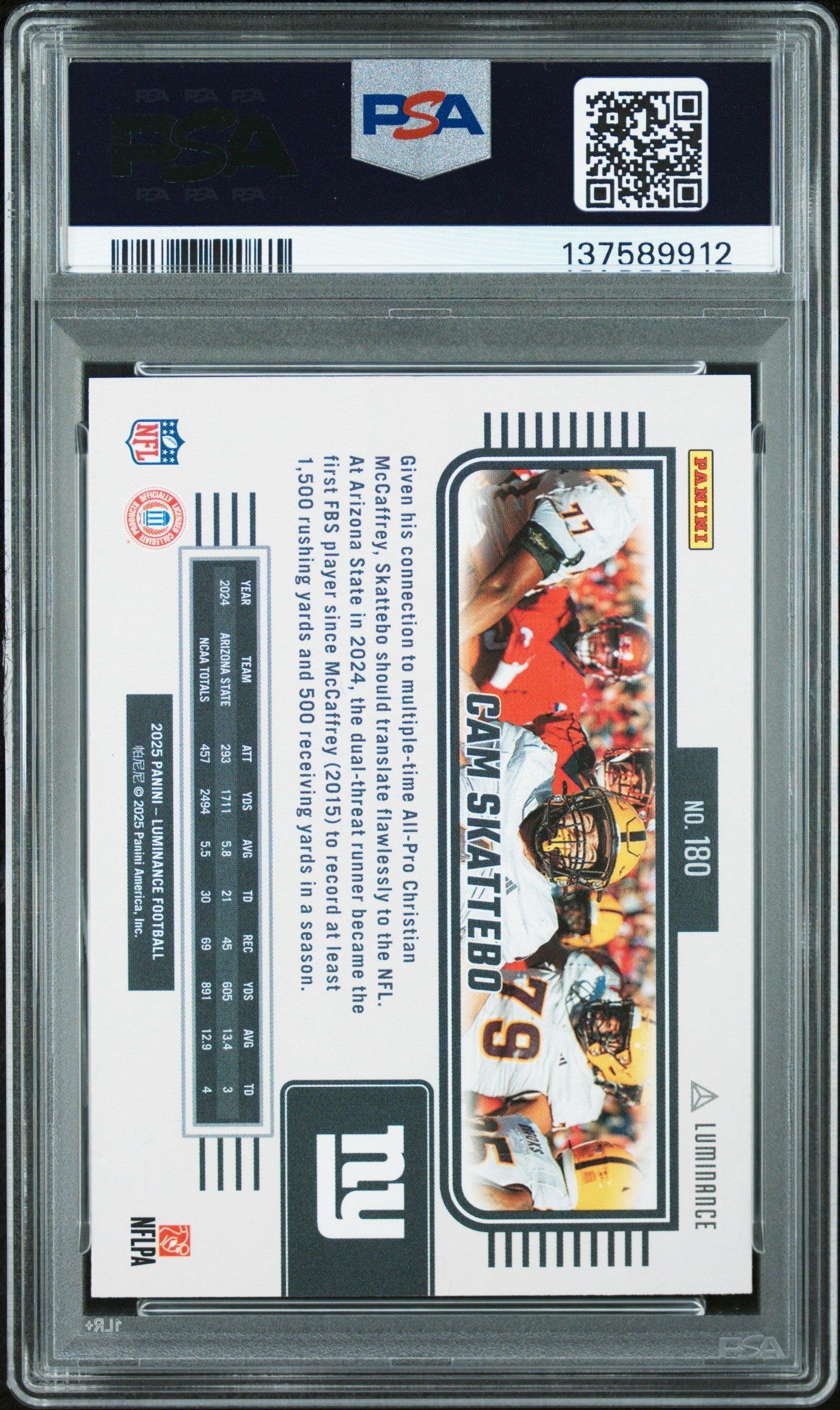 Graded 2025 Panini Luminance Cam Skattebo #180 Rookie RC Football Card PSA 10 Gem Mint