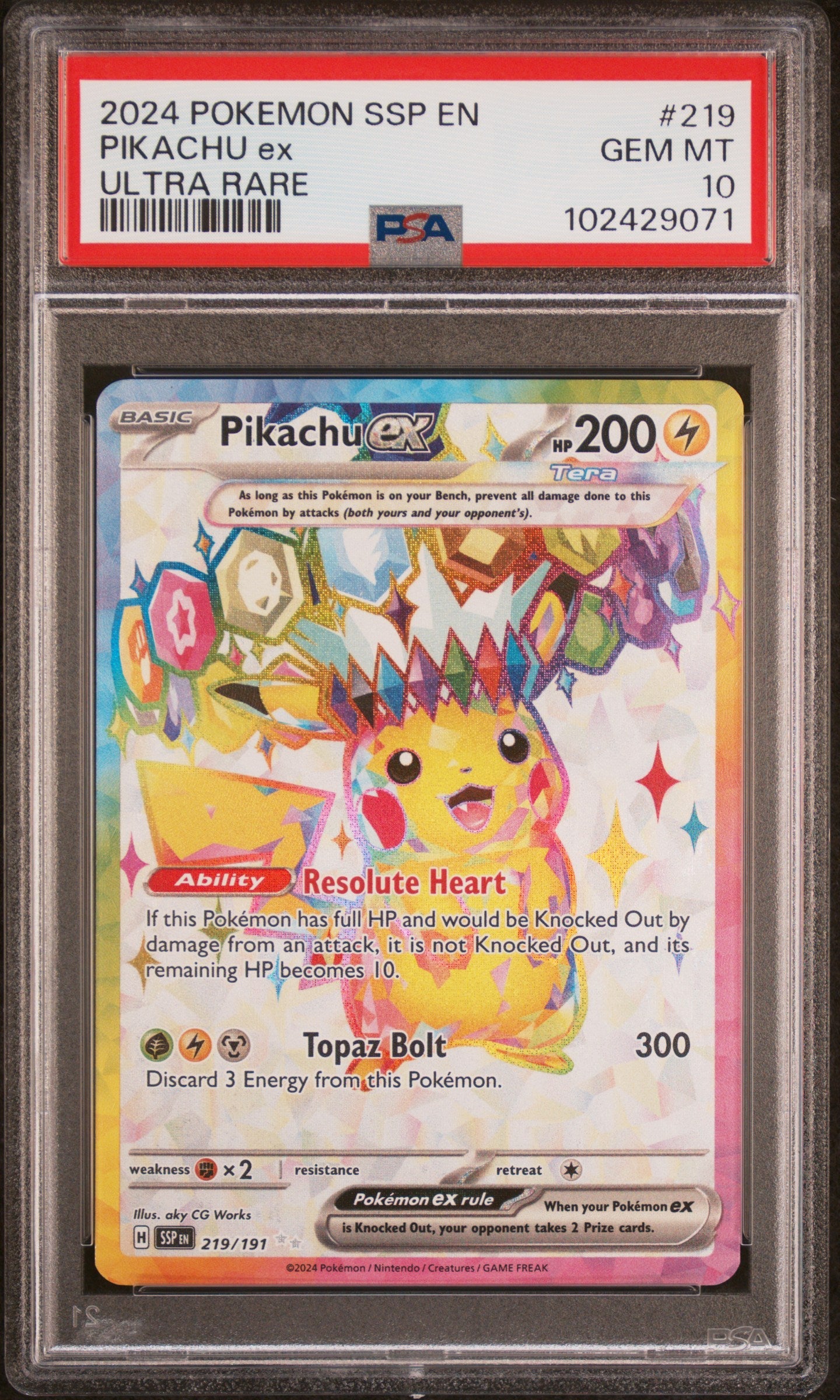 Graded 2024 PKM Ssp En-Surging Sparks #219 Pikachu Ex Ultra Rare Trading Card Game PSA 10 Gem Mint