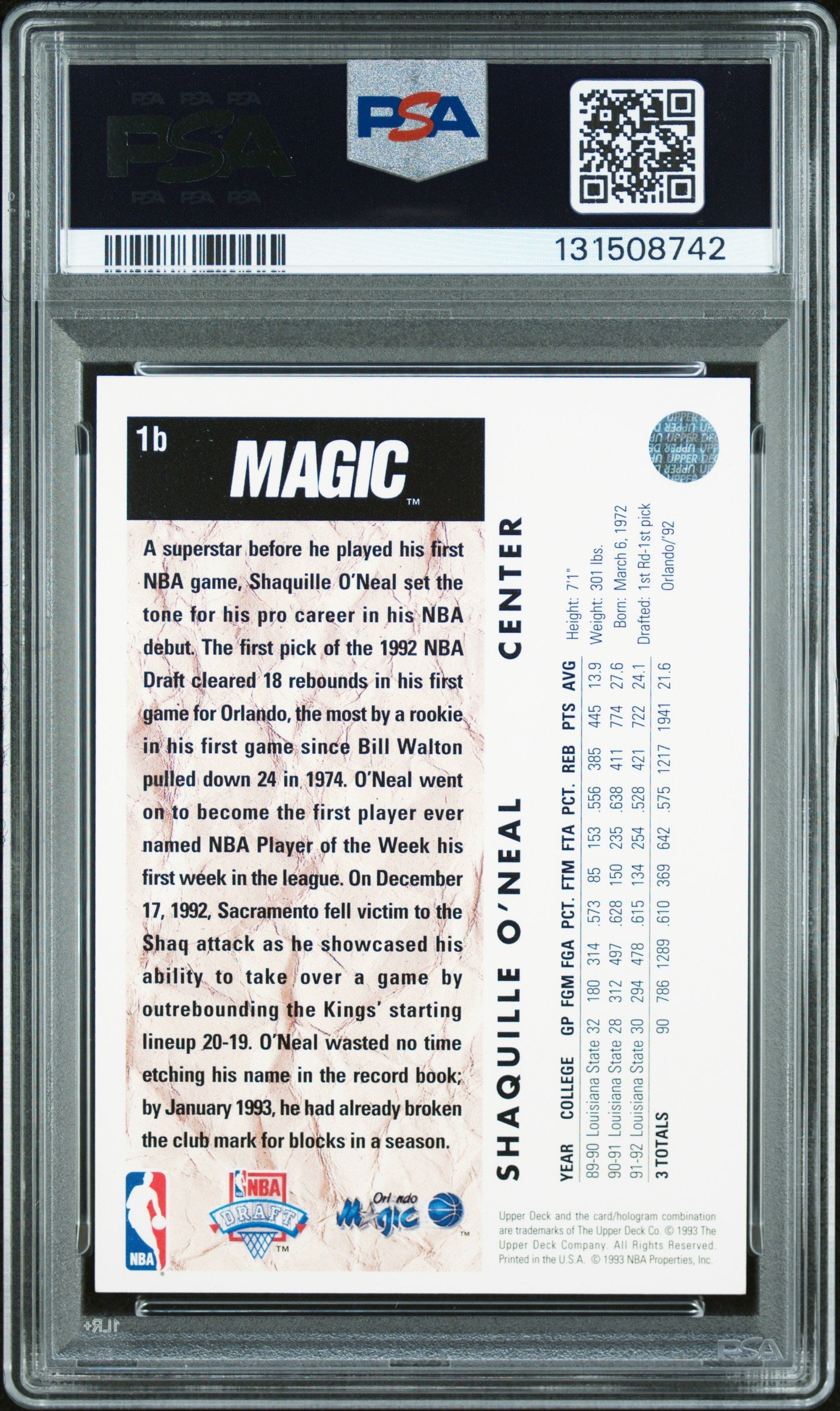 Graded 1992-93 Upper Deck Shaquille O'Neal #1b Rookie RC Basketball Card PSA 9 Auto Grade Mint
