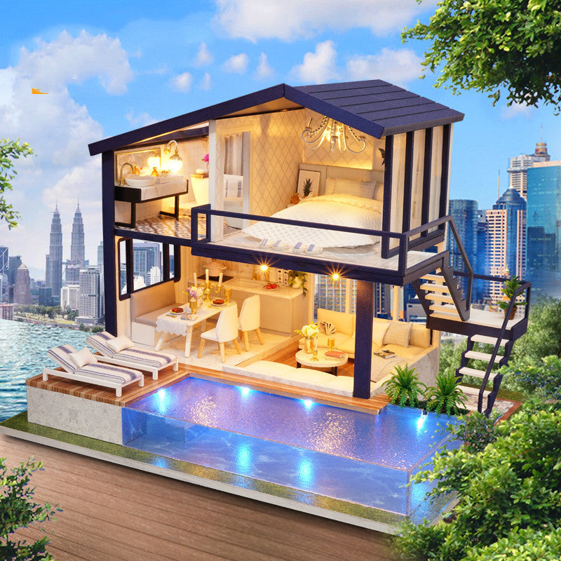 DIY Wooden Dollhouse Kit – 3D Miniature House with Furniture & LED Lights