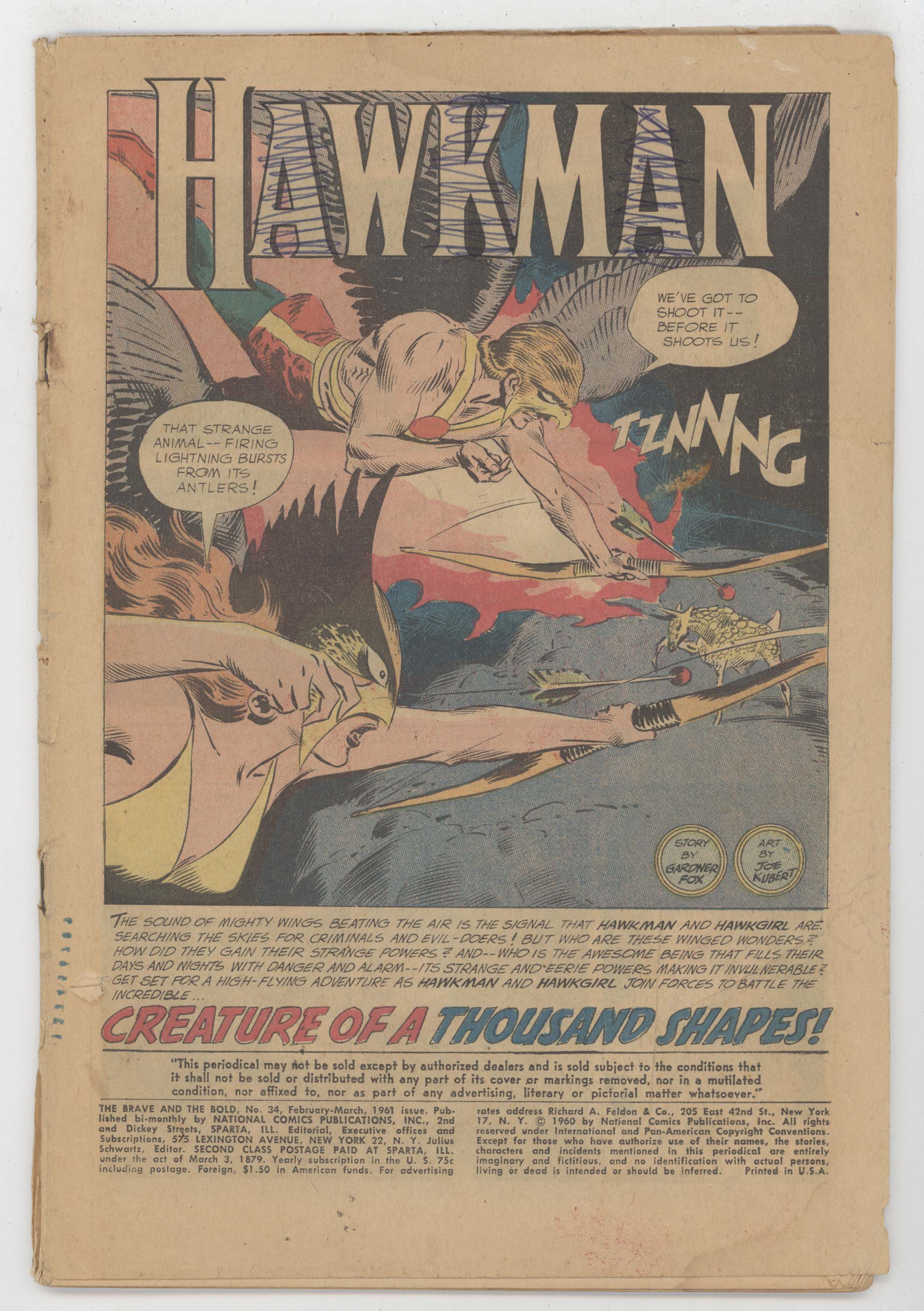 Brave And The Bold 34 DC 1961 Coverless 1st Hawkman Hawkgirl