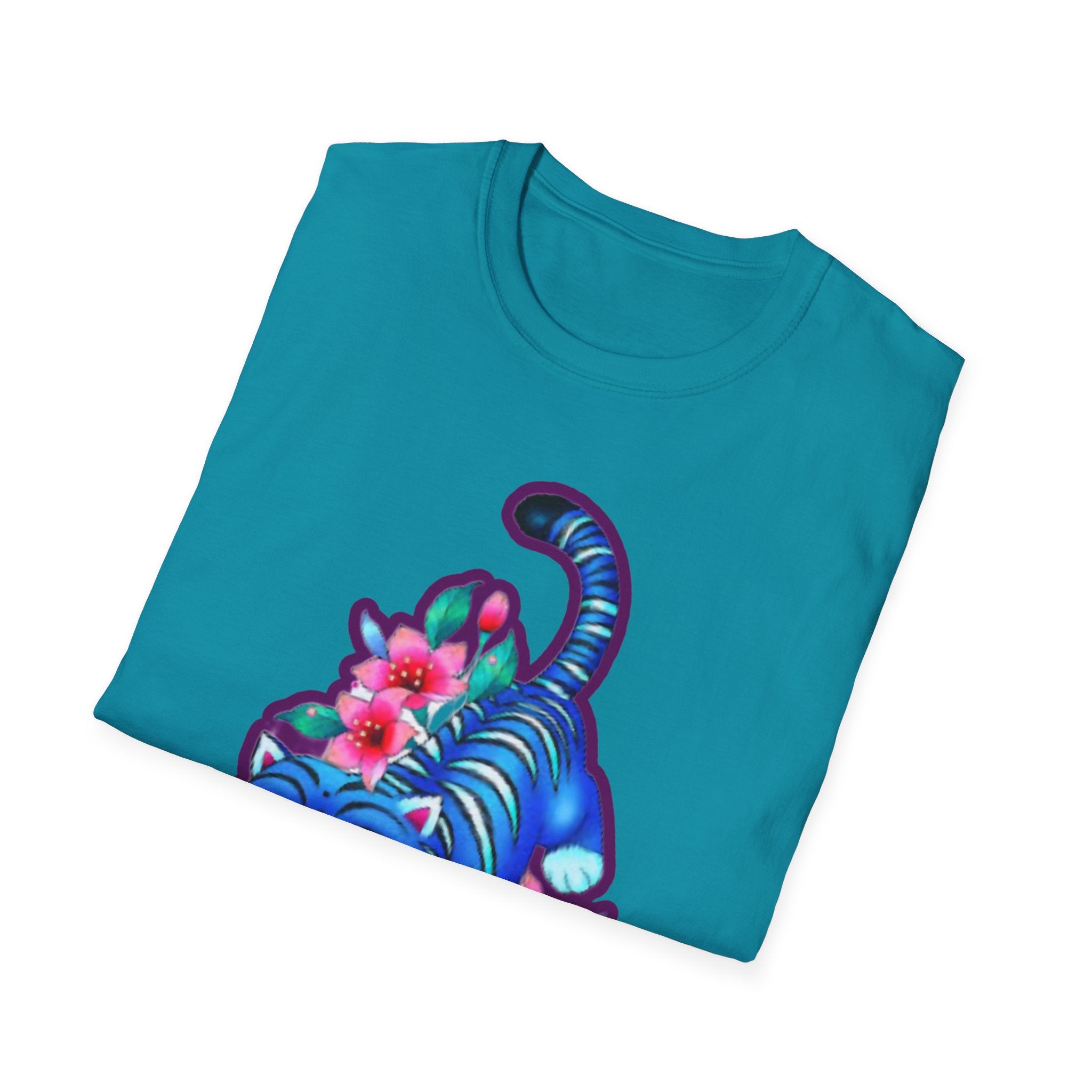 Charming Blue Floral Cat  idol tigerT-Shirt, Cute Cat Tee, Animal Lover Gift, Summer Fashion, Gift for Cat Lovers, Fun Graphic Tee