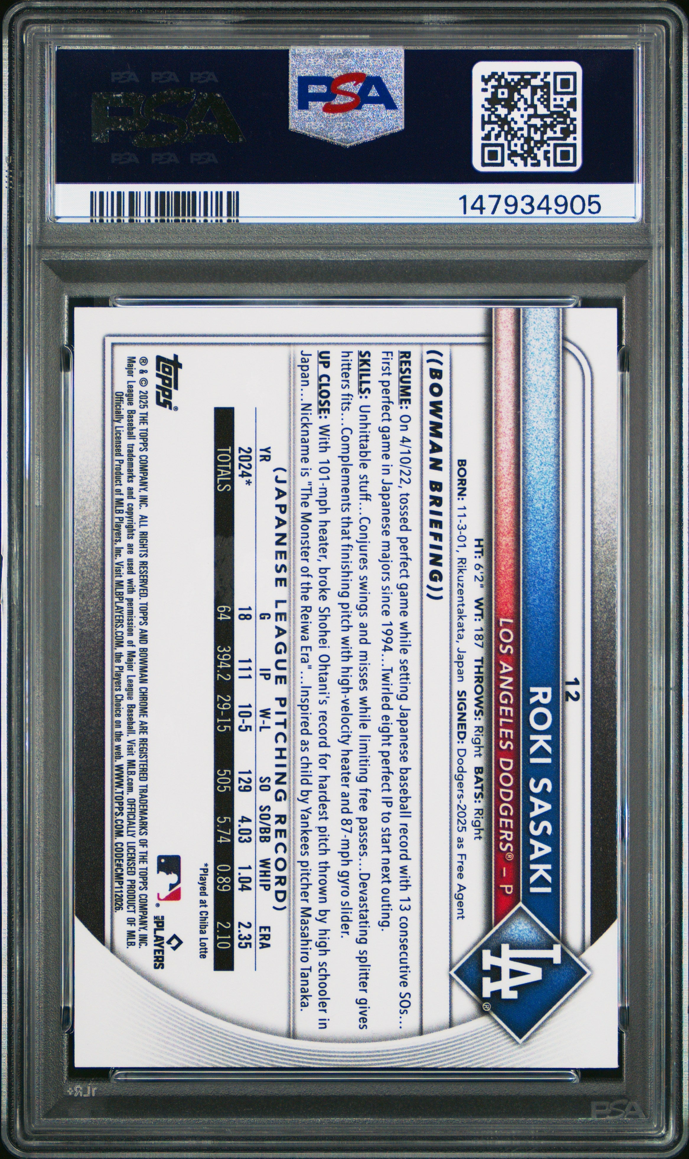 Graded 2025 Topps Bowman Chrome Roki Sasaki #12 Rookie RC Baseball Card PSA 9 Mint