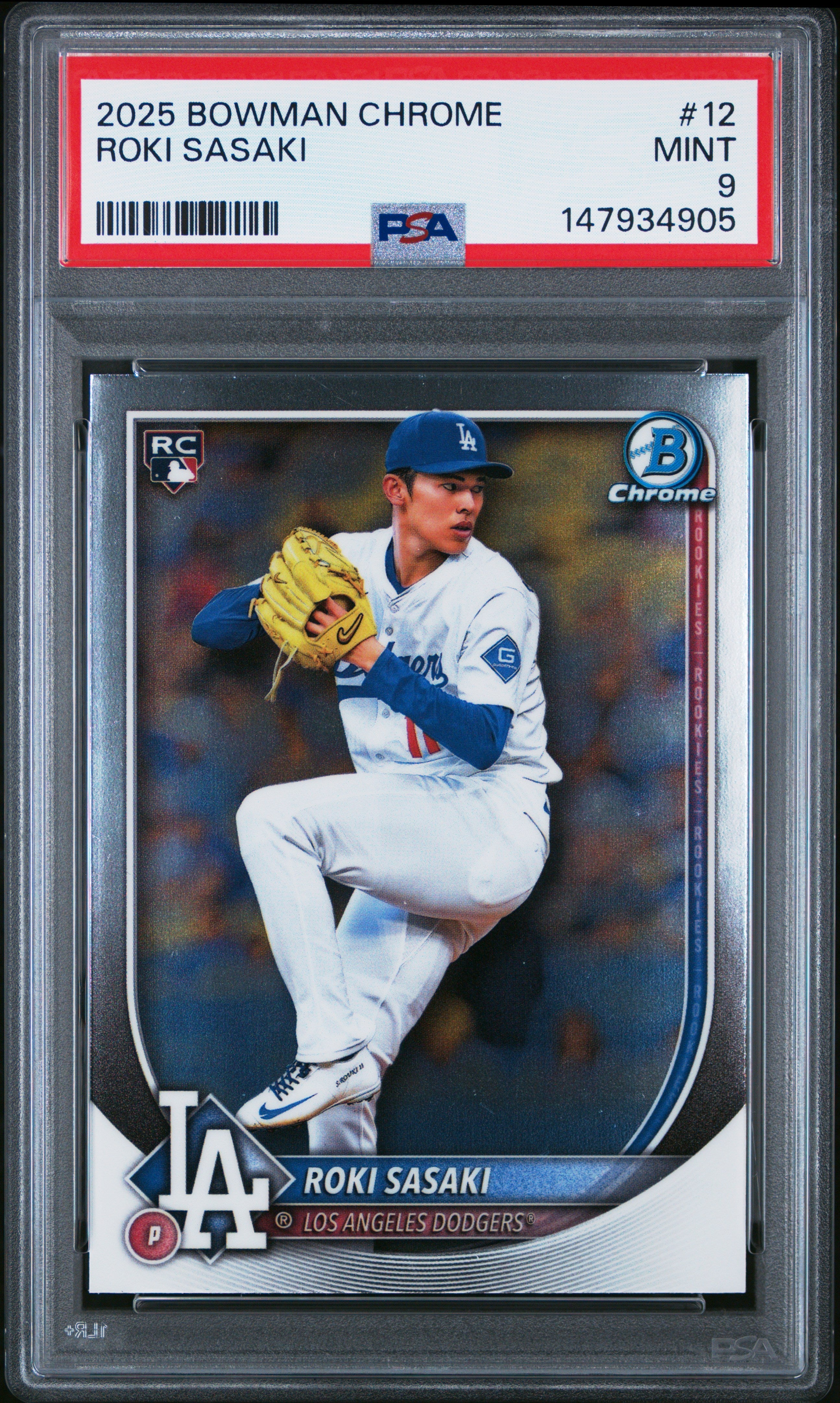 Graded 2025 Topps Bowman Chrome Roki Sasaki #12 Rookie RC Baseball Card PSA 9 Mint