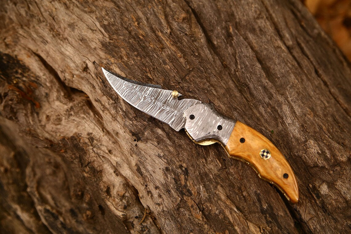 Custom Handmade Damascus Steel EDC Folding Pocket Knife | 3-Inch Blade, Colored Bone Handle, Leather Case | Ideal Gift for Any Occasion by KBS Knives