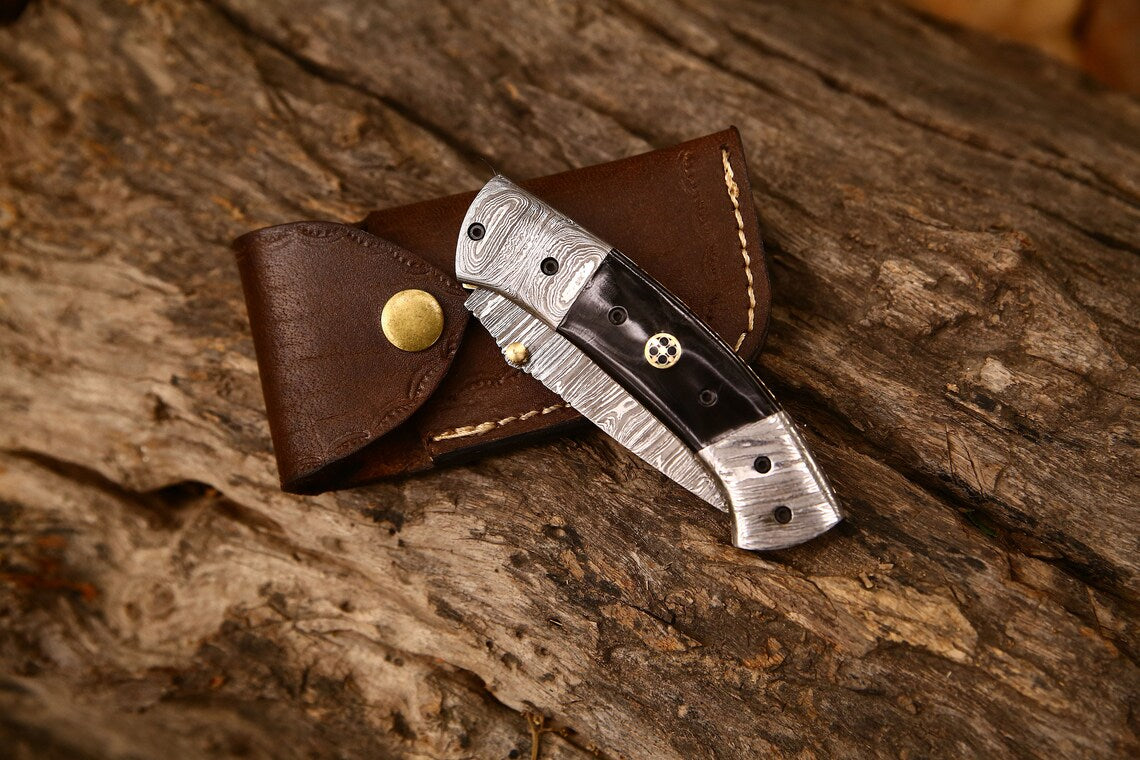 New Custom Handmade Damascus Steel Tanto Blade EDC Folding Pocket Knife | 3-Inch Blade, Buffalo Horn Handle, Leather Case | Perfect Gift by KBS Knives