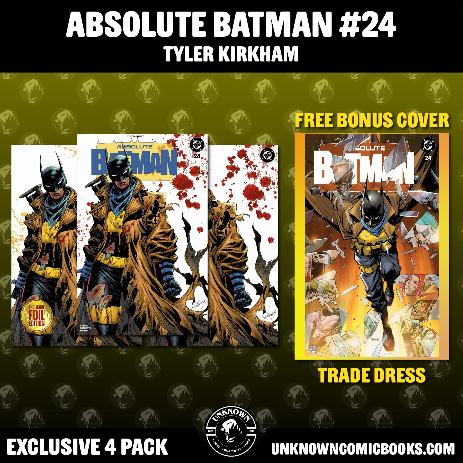 [4 PACK] ABSOLUTE BATMAN #24 TYLER KIRKHAM BATTLE DAMAGED THE BAT EXCLUSIVE VAR (09/23/2026)
