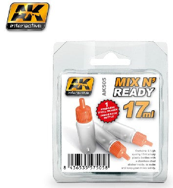 AK Interactive 505 Mix N' Ready 17ml Empty Bottles w/Stainless Steel Shaker Ball