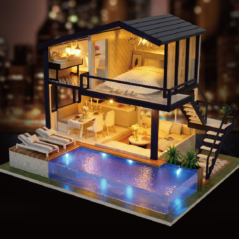 DIY Wooden Dollhouse Kit – 3D Miniature House with Furniture & LED Lights