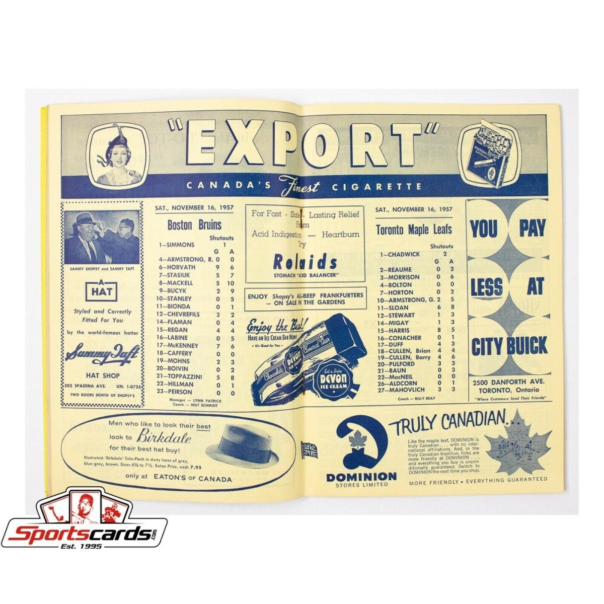 1957 Toronto Maple Leafs Game Program November 16, 1957 Leafs vs Bruins