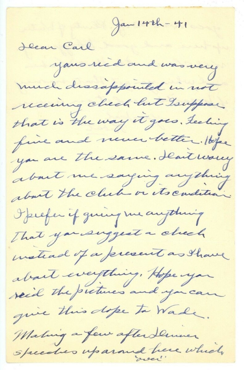 Rabbit Maranville Signed Autographed Handwritten Letter HOF