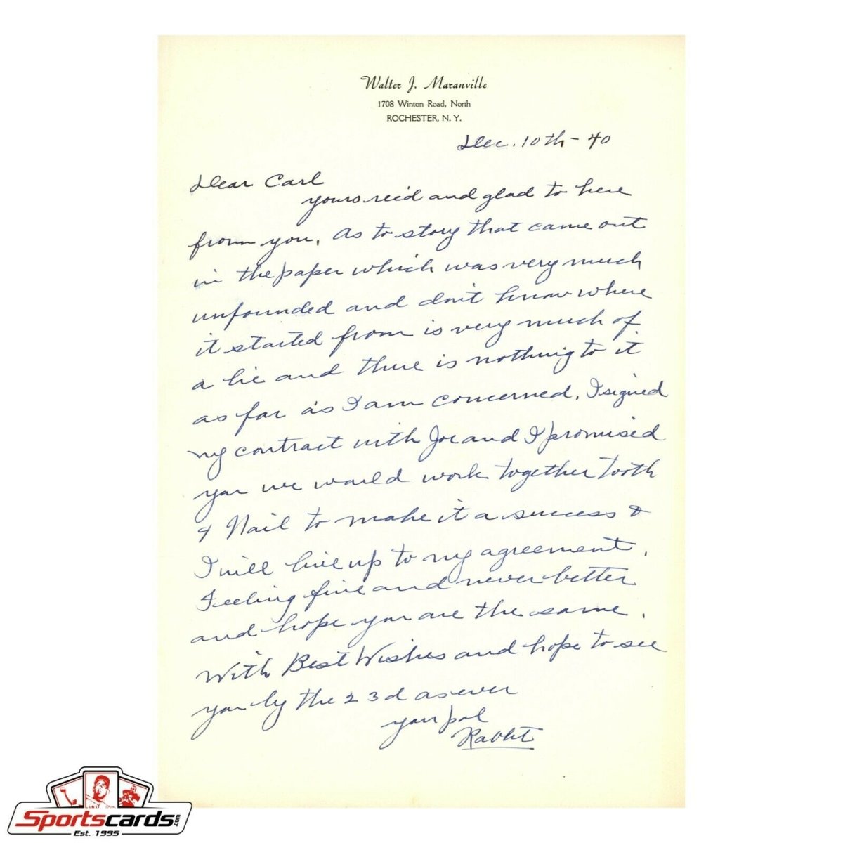 Rabbit Maranville Signed Autographed Handwritten Letter HOF