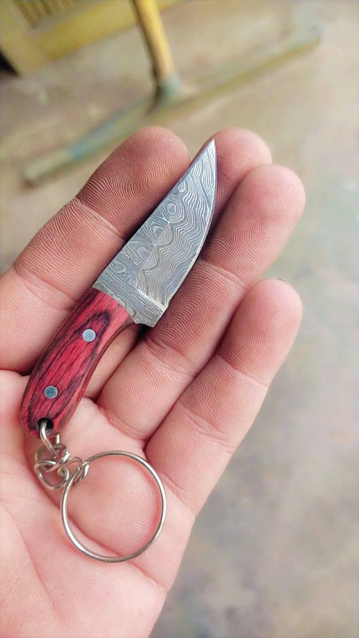 Custom Handmade Damascus Steel EDC Knife Keychain with Exotic Wood Handle