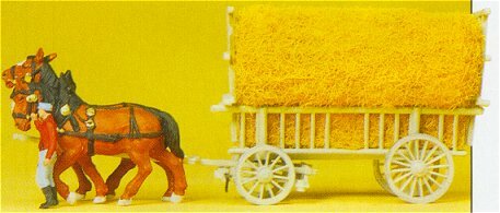 Preiser 30477 HO Scale Horse-Drawn Wagon -- Hay Wagon w/Driver & Load
