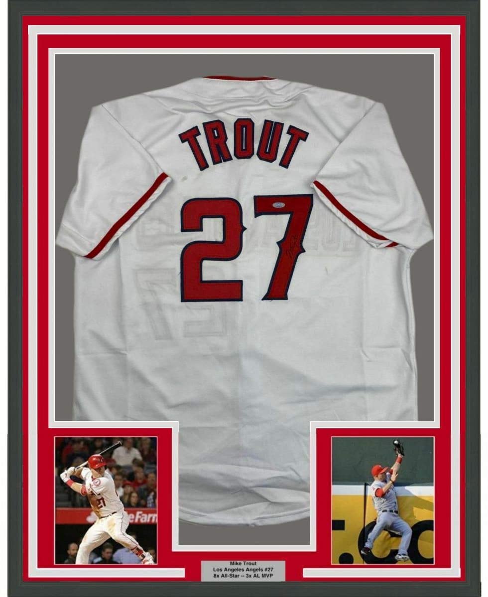 Framed Autographed/Signed Mike Trout 35x39 Los Angeles White Baseball Jersey Steiner Sports COA Hologram Only