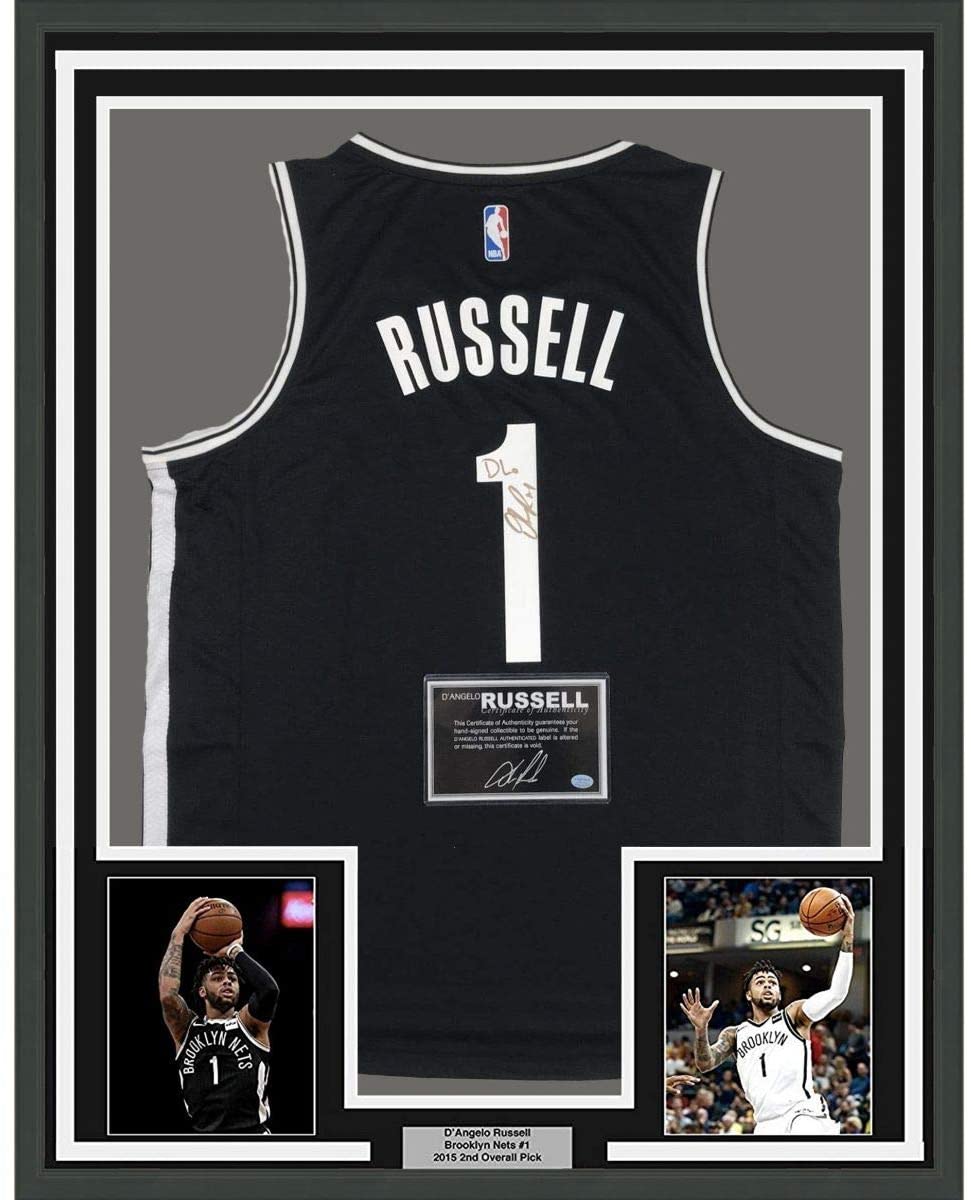Framed Autographed/Signed D'Angelo Russell DLo 35x39 Brooklyn Black Basketball Jersey Athlete Holo COA